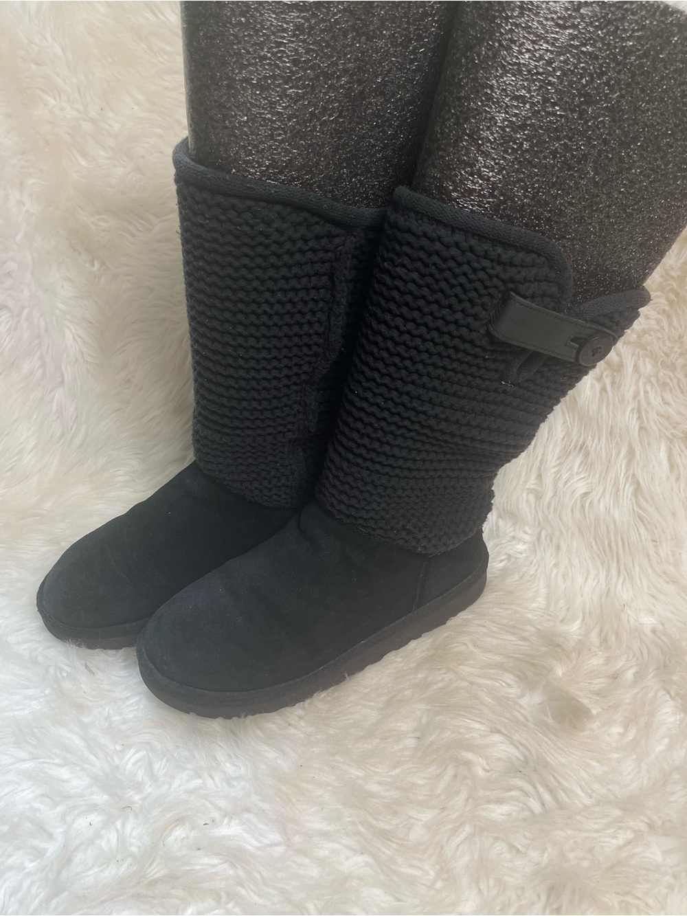 UGG Black suede Knit Panel Tall Winter Boots SZ9 rubber soles.